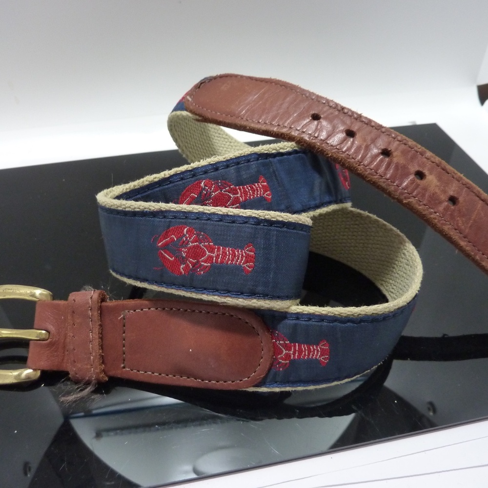 Preston Lobster Belt Men 38 Leather Fabric Navy Made USA New England Fisherman